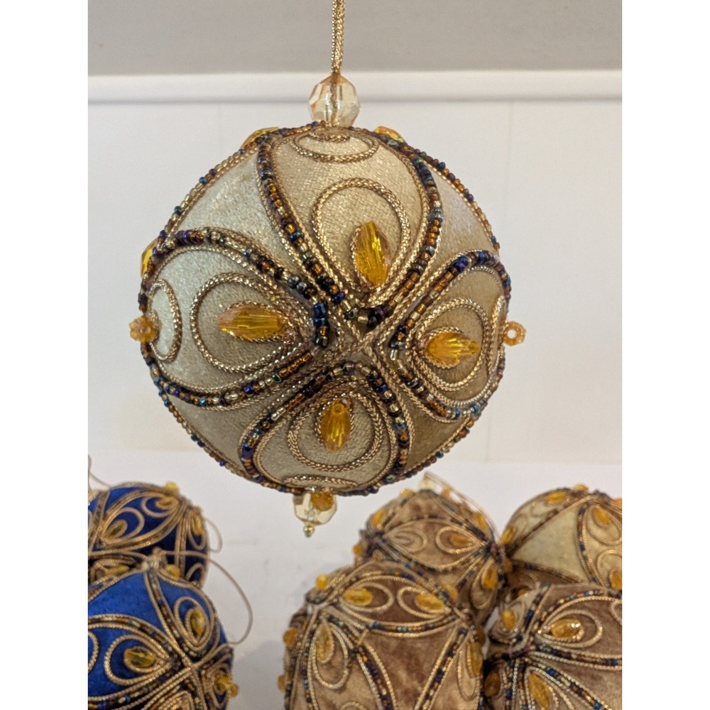 Lot 9 Blue Gold Velvet PUSH PIN Christmas Ornaments Beaded Trim MCM Vintage - Picture 9 of 16